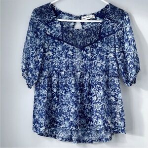 Abercrombie & Fitch Girls Medium Blue Sheer Floral Blouse Smocked Boho Cottage